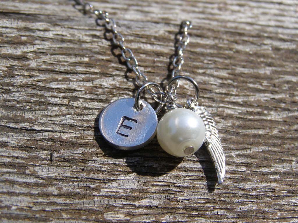 Initial Necklace with Wing Charm and Glass Pearl Pictures, Images and Photos