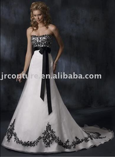 white wedding dress with black lace. White And Black Lace Appliqued