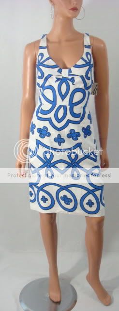 Milly Grecian Braid Print Sheath Linen Dress $310 2 blue & white 